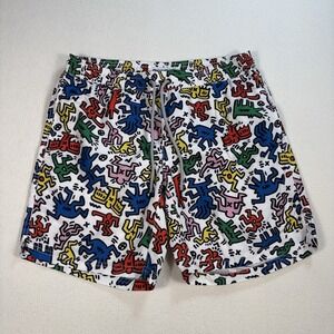 Maamgic Keith Haring 7" Swim Shorts Men's‎ S White Mesh Lined Drawstring Pockets